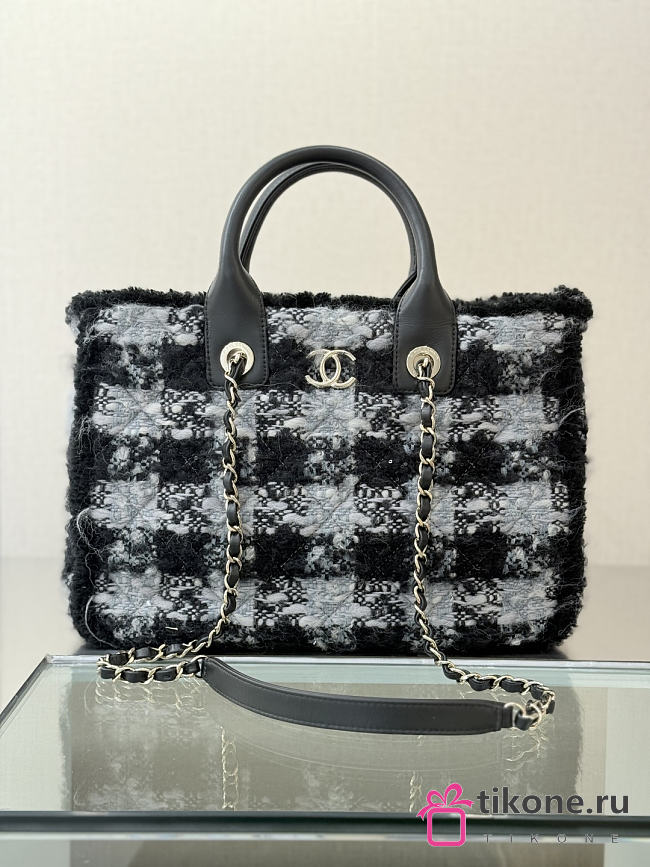 Chanel Small Shopping Bag Tweed Shearling Lambskin & Gold Tone Metal Black & Grey - 33.5x24x11cm - 1