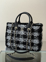 Chanel Small Shopping Bag Tweed Shearling Lambskin & Gold Tone Metal Black & Grey - 33.5x24x11cm - 2