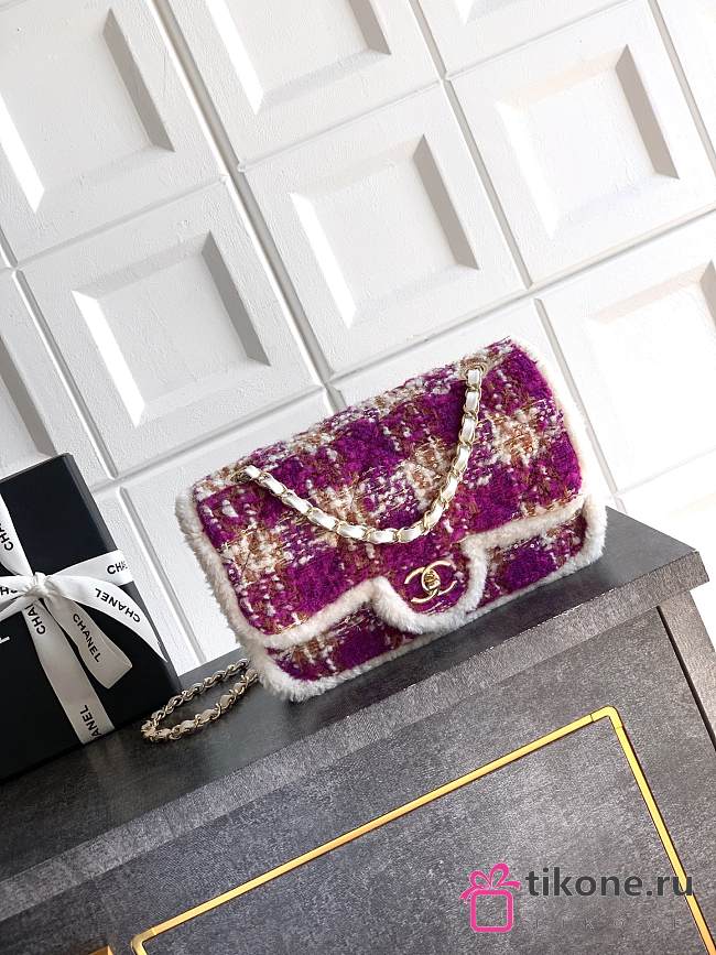 Chanel Large Flap Bag Tweed Shearling Lambskin & Gold Tone Metal Fuschia Pink Beige & Brown - 26.5x16.5x9cm - 1