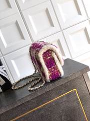 Chanel Large Flap Bag Tweed Shearling Lambskin & Gold Tone Metal Fuschia Pink Beige & Brown - 26.5x16.5x9cm - 6