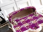 Chanel Large Flap Bag Tweed Shearling Lambskin & Gold Tone Metal Fuschia Pink Beige & Brown - 26.5x16.5x9cm - 3