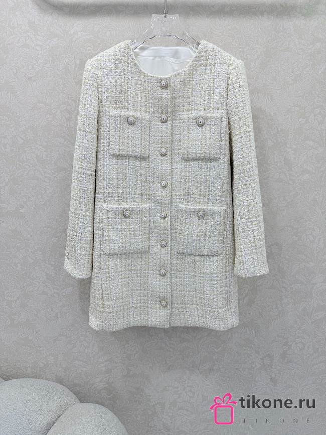 Short Dress Tweed Embroidered with Imitation Pearls & Ecru - 1