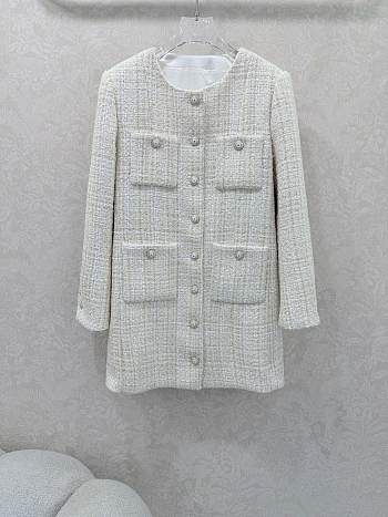 Short Dress Tweed Embroidered with Imitation Pearls & Ecru