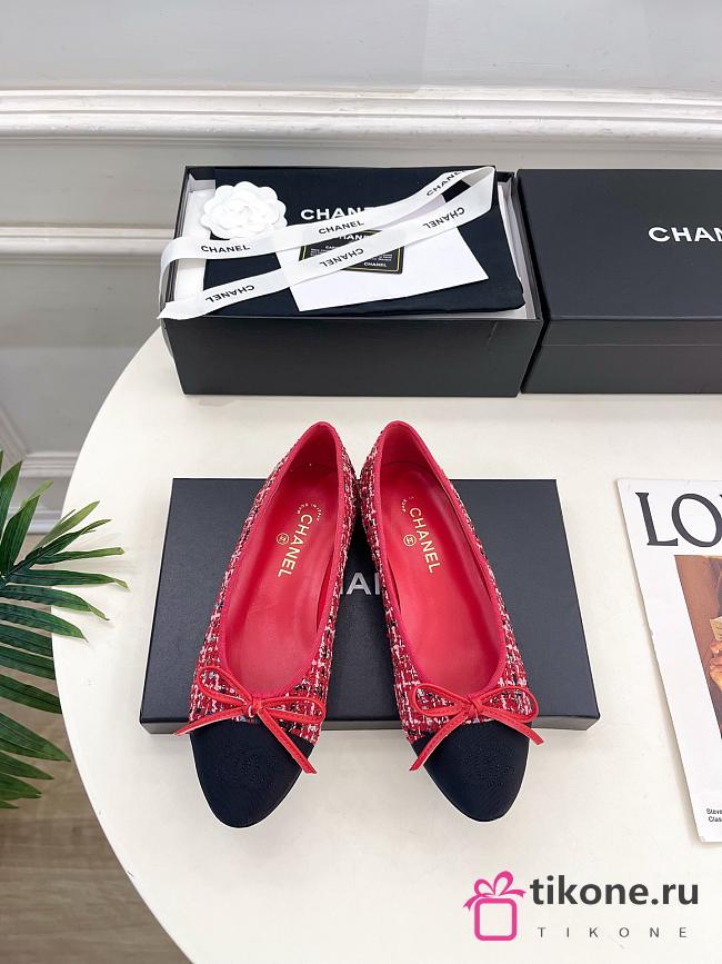 Chanel Ballet Flats Tweed & Grosgrain Red Black & White - 1