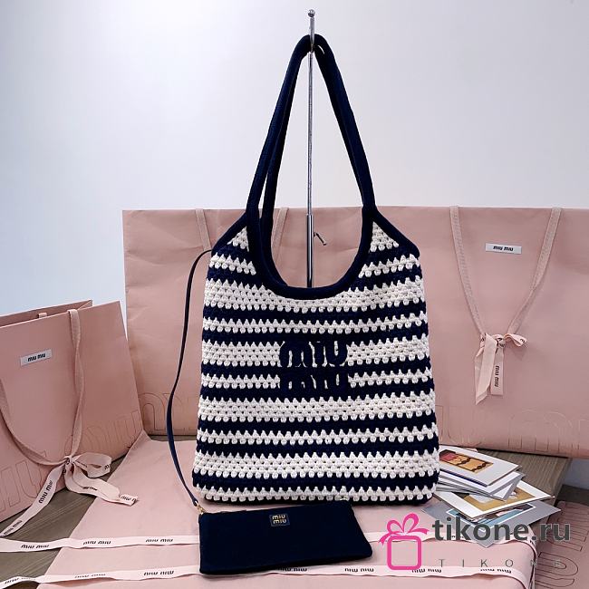 Miumiu Ivy Logo Striped Crochet Tote Bag In Blue 5BG231 - 40x35cm - 1
