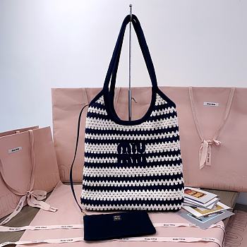 Miumiu Ivy Logo Striped Crochet Tote Bag In Blue 5BG231 - 40x35cm