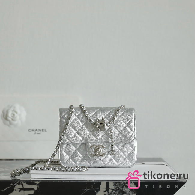 Chanel Mini Flap Bag Caviar Strass & Silver Tone Metal Silver - 18x13x7cm - 1