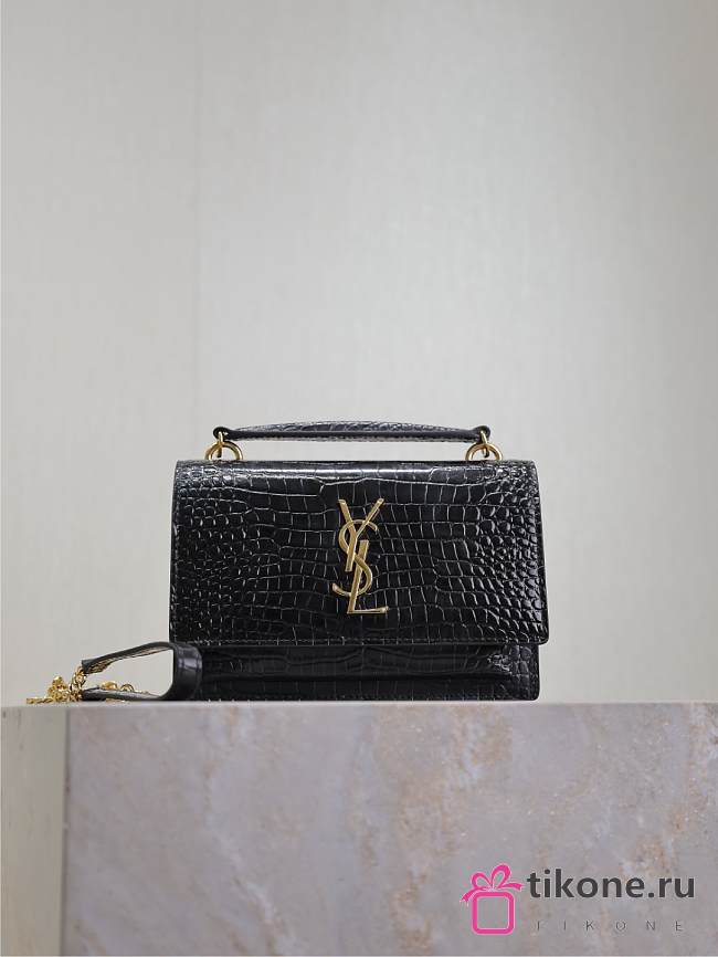 YSL Sunset Small In Crocodile Embossed Leather Black Gold - 19x13x8cm - 1