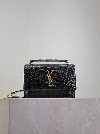 YSL Sunset Small In Crocodile Embossed Leather Black Gold - 19x13x8cm