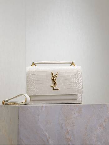 YSL Sunset Small In Crocodile Embossed Leather White - 19x13x8cm