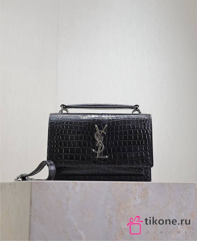 YSL Sunset Small In Crocodile Embossed Leather Black Silver - 19x13x8cm - 1