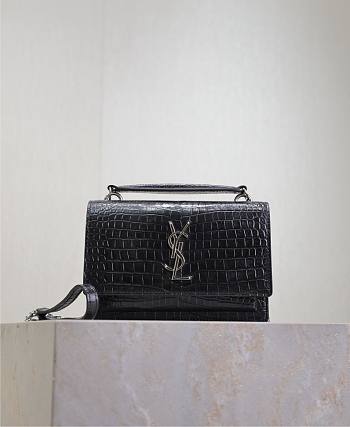 YSL Sunset Small In Crocodile Embossed Leather Black Silver - 19x13x8cm