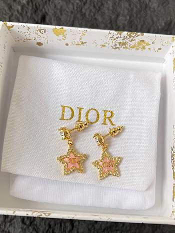 Dior Petit CD Lucky Baroque Earrings Gold Finish Metal Silver Tone Crystals and Macaron Pink Glass E4353