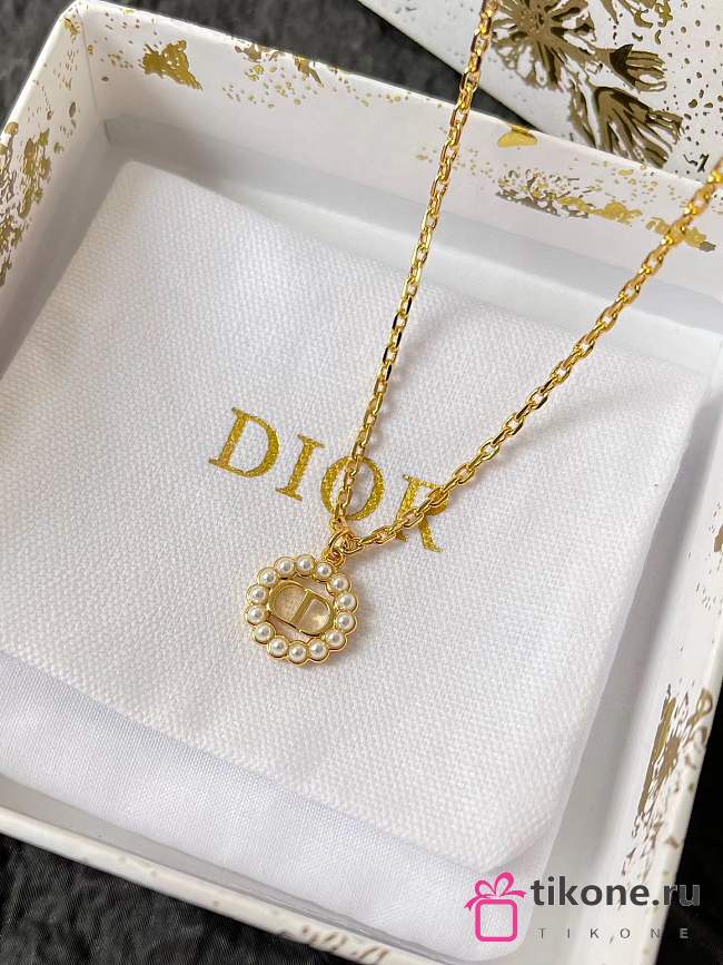 Dior Petit CD Circle Necklace Gold Finish Metal and White Resin Pearls - 1
