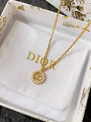 Dior Petit CD Circle Necklace Gold Finish Metal and White Resin Pearls