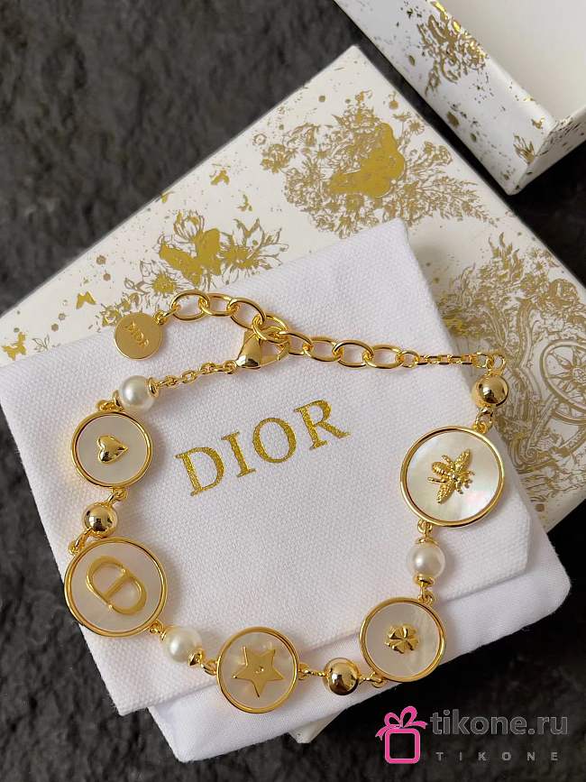 Dior D-Luck Bracelet Gold Finish Metal White Resin Pearls and White Mother-of-Pearl - 1
