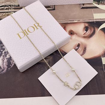 Dior Petit CD Daisy Necklace Pale Gold Finish Metal White Resin Pearls and Silver Tone Crystals