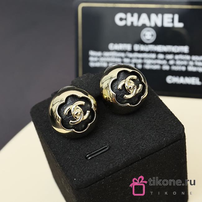 Chanel Stud Earrings Metal & Lambskin Golden & Black - 1