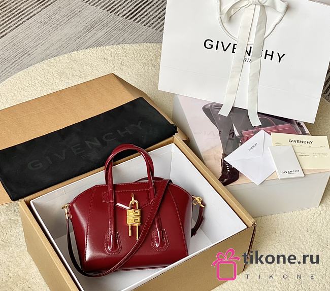 Givenchy Mini Antigona Lock Bag In Box Leather Burgundy - 29x20x13cm - 1