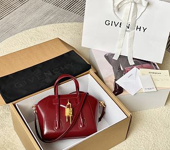 Givenchy Mini Antigona Lock Bag In Box Leather Burgundy - 29x20x13cm