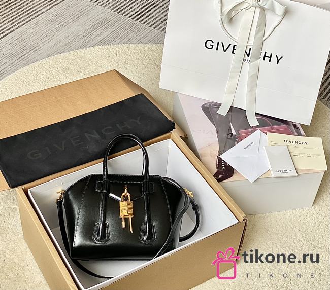 Givenchy Mini Antigona Lock Bag In Box Leather Black Gold - 29x20x13cm - 1