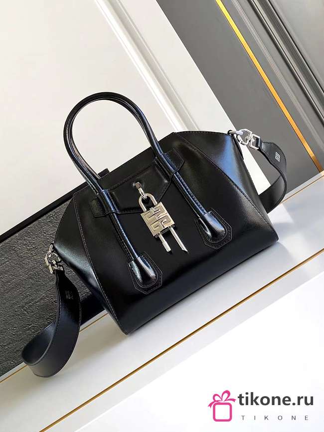 Givenchy Mini Antigona Lock Bag In Box Leather Black Silver - 22x18x13cm - 1