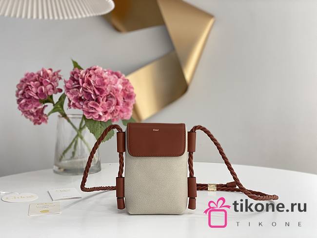 Chloe Key Phone Pouch in Canvas and Shiny Calfskin Leather Brown - 13x3x18cm - 1