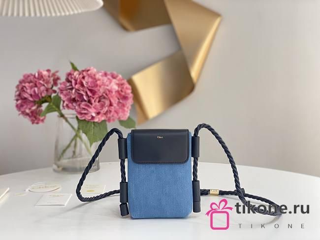 Chloe Key Phone Pouch in Denim and Shiny Calfskin Leather - 13x3x18cm - 1