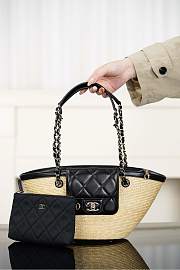 Chanel Small Shopping Bag Braided Straw Lambskin & Gold Tone Metal Beige & Black - 41x18x13cm - 3