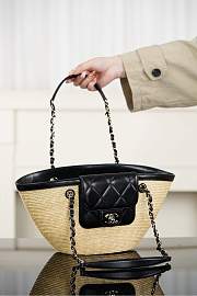 Chanel Small Shopping Bag Braided Straw Lambskin & Gold Tone Metal Beige & Black - 41x18x13cm - 6