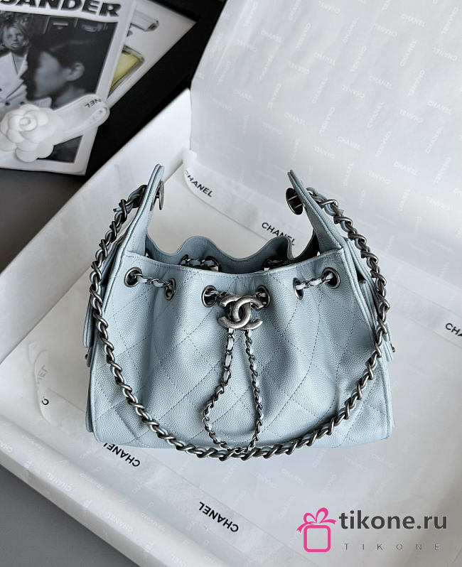 Chanel 25 Mini Handbag Grained Calfskin & Aged Silver Tone Metal Blue- 22x20x12.5cm - 1