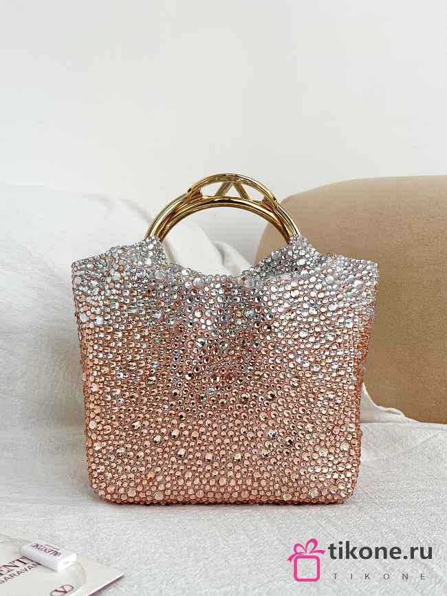 Valentino Garavani Multi Crystal Embellished Carry Secrets Embroidered Bucket Pink - 15x12x10cm - 1
