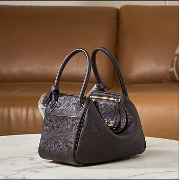 Hermes Lindy Handmade Clemence Leather Chocolate Gold - 26cm