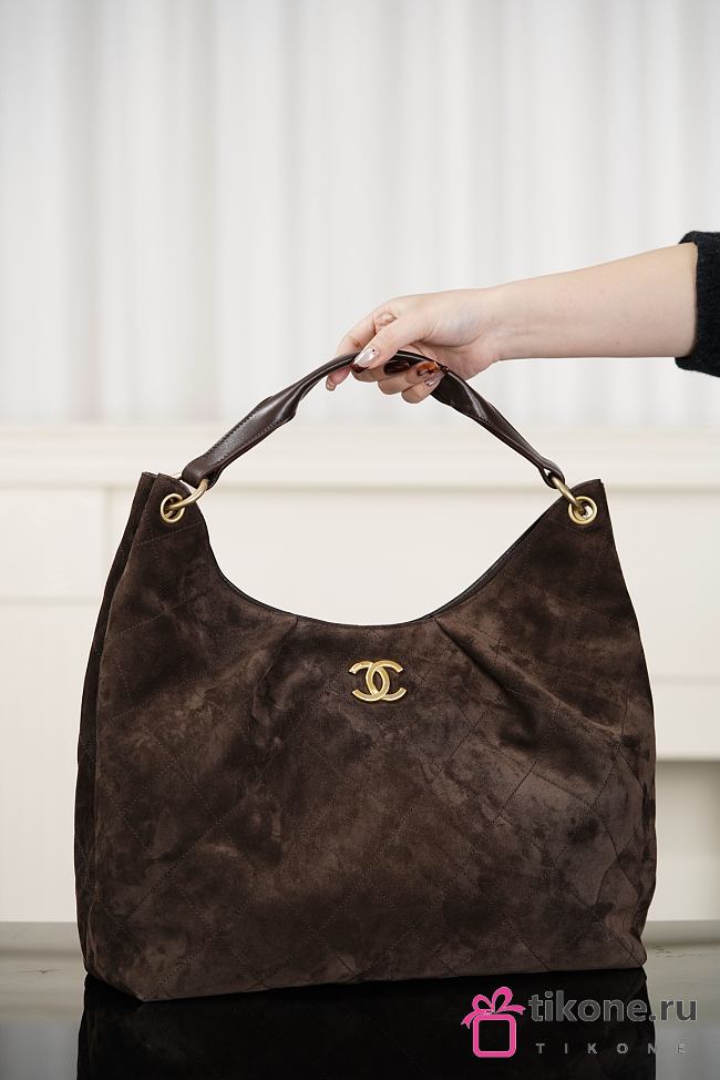 Chanhel Maxi Hobo Bag Suede Calfskin Lambskin & Gold-Tone Metal Dark Brown - 38x35x14cm - 1