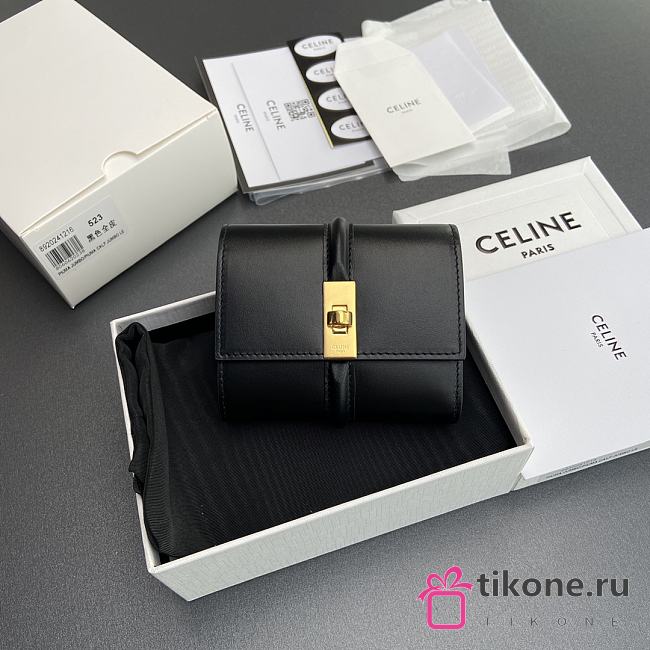Celine Small Trifold Wallet 16 In Satinated Calfskin Black - 10.5x9.5x4cm - 1