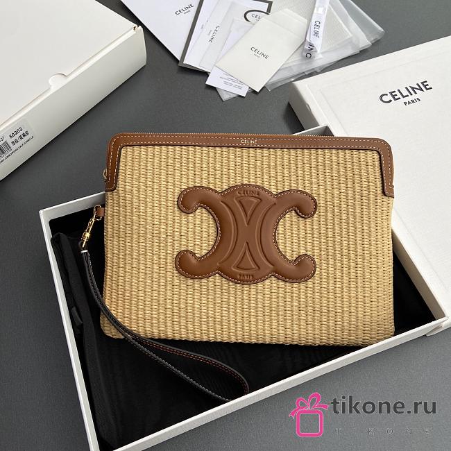Celine Small Pouch With Strap Cuir Triomphe In Raffia Effect Textile And Calfskin - 25x17.5x1cm - 1