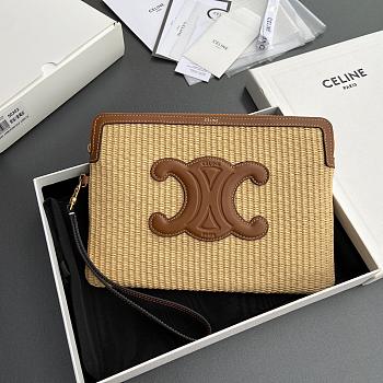 Celine Small Pouch With Strap Cuir Triomphe In Raffia Effect Textile And Calfskin - 25x17.5x1cm