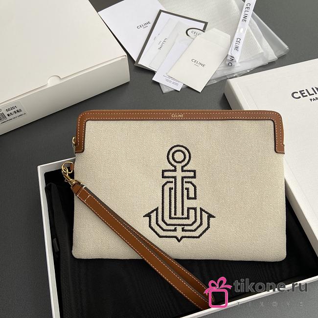 Celine Small Pouch With Strap In Textile With Anchor Embroidery And Calfskin - 25x17.5x1cm - 1