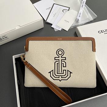 Celine Small Pouch With Strap In Textile With Anchor Embroidery And Calfskin - 25x17.5x1cm
