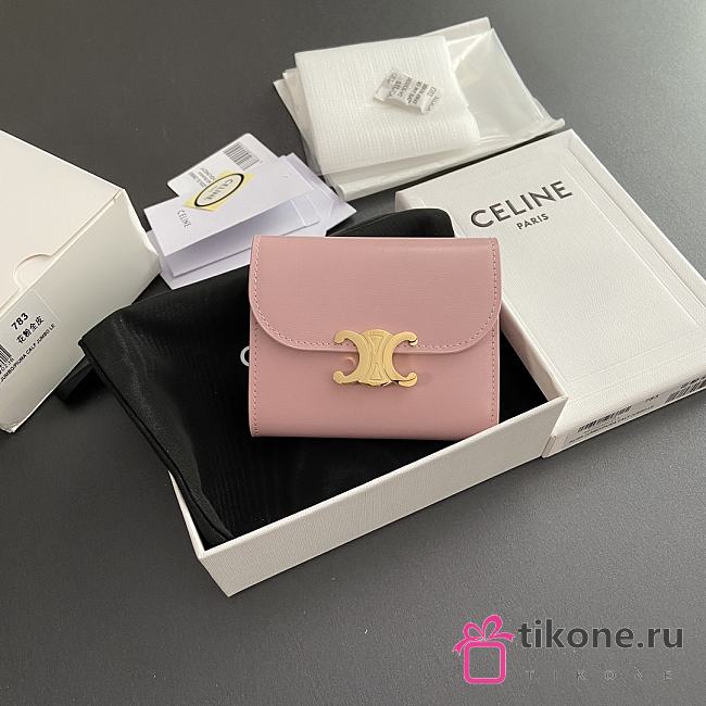 Celine Small Flap Wallet Triomphe In Shiny Calfskin Pink - 10.5x8.5x4cm - 1