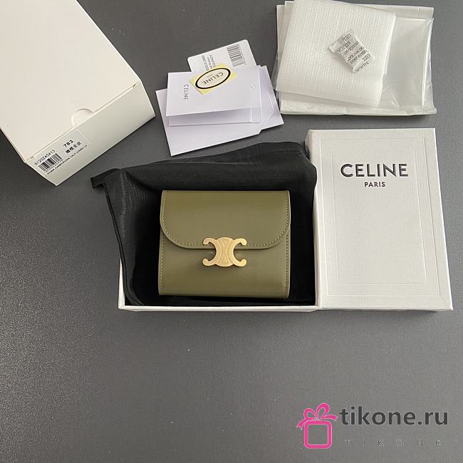 Celine Small Flap Wallet Triomphe In Shiny Calfskin Olive - 10.5x8.5x4cm - 1