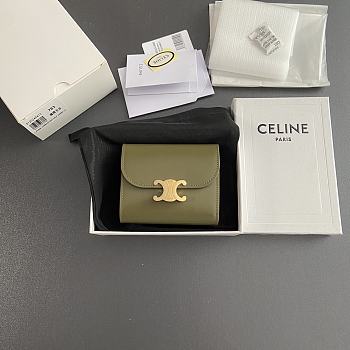 Celine Small Flap Wallet Triomphe In Shiny Calfskin Olive - 10.5x8.5x4cm