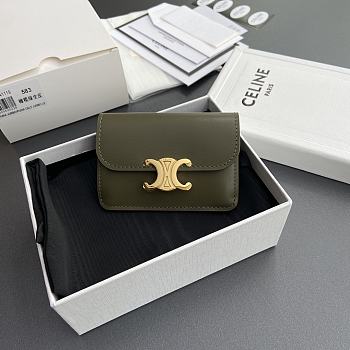 Celine Card Holder With Flap Triomphe In Shiny Calfskin Olive - 10x7.5x2cm