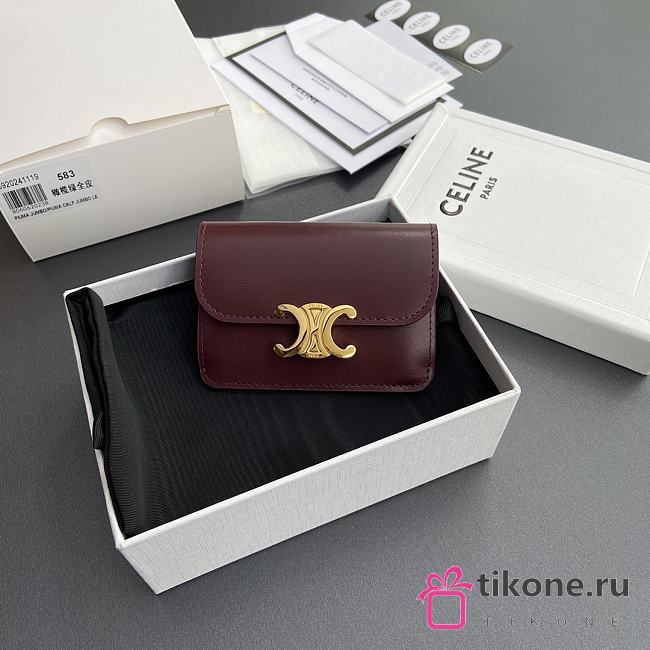 Celine Card Holder With Flap Triomphe In Shiny Calfskin Burgundy - 10x7.5x2cm - 1