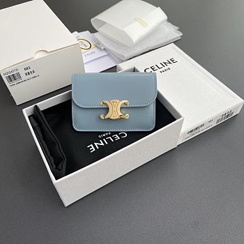 Celine Card Holder With Flap Triomphe In Shiny Calfskin Blue - 10x7.5x2cm