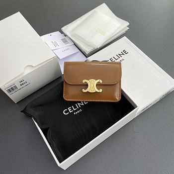 Celine Card Holder With Flap Triomphe In Shiny Calfskin Brown - 10x7.5x2cm