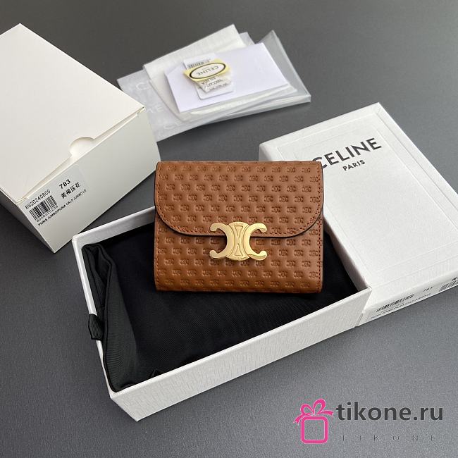 Celine Small Flap Wallet With Triomphe Embossed Logo in Brown - 10.5x8.5x4cm - 1