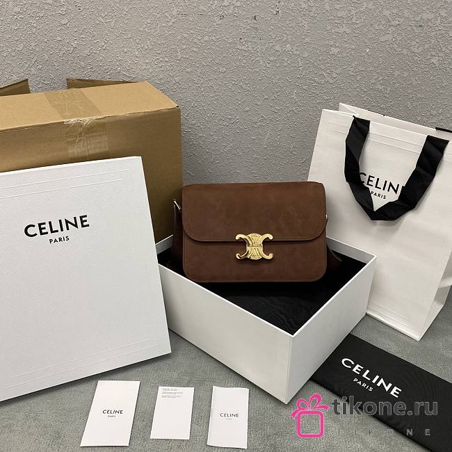 Celine Classique Triomphe Bag In Grained Nubuck Calfskin Chestnut - 22x15.5x6cm - 1