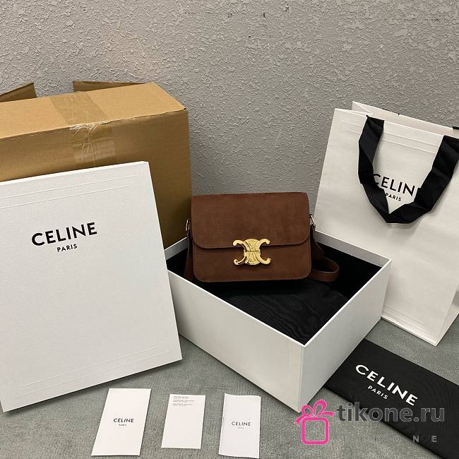 Celine Teen Triomphe Bag In Grained Nubuck Calfskin Chestnut - 18.5x13.5x7cm - 1
