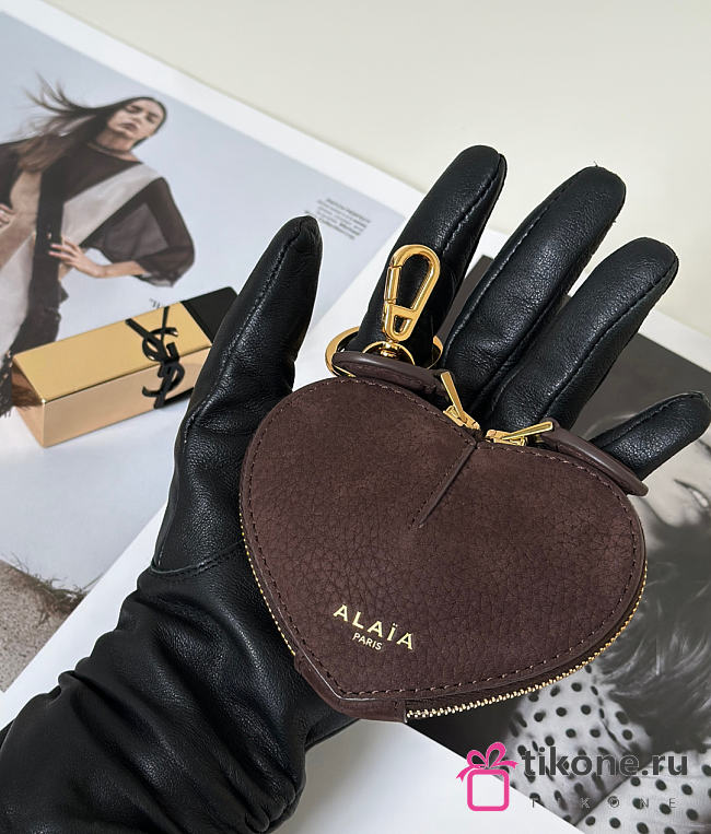 Alaia Le Cœur Mini Grained Nubuck Calfskin Coin Purse in Chocolate - 10x1.5x7.5cm - 1